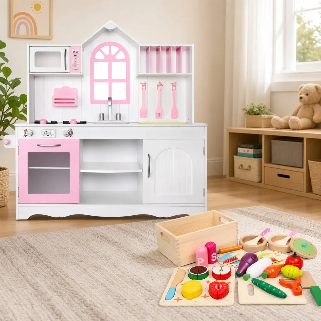 Wooden Kids Pretend Kitchen Playset with 29pc Food Set White Pink Princess Style