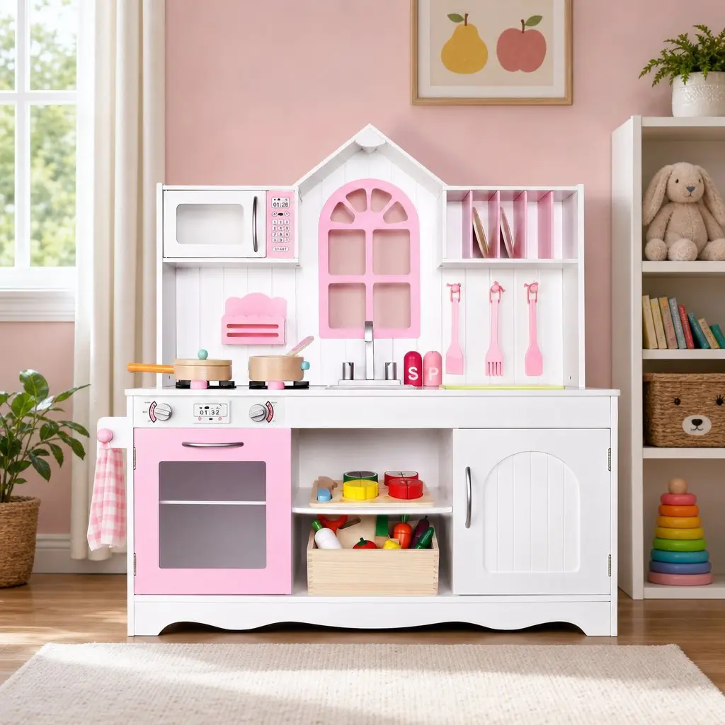 Wooden Kids Pretend Kitchen Playset with 29pc Food Set White Pink Princess Style
