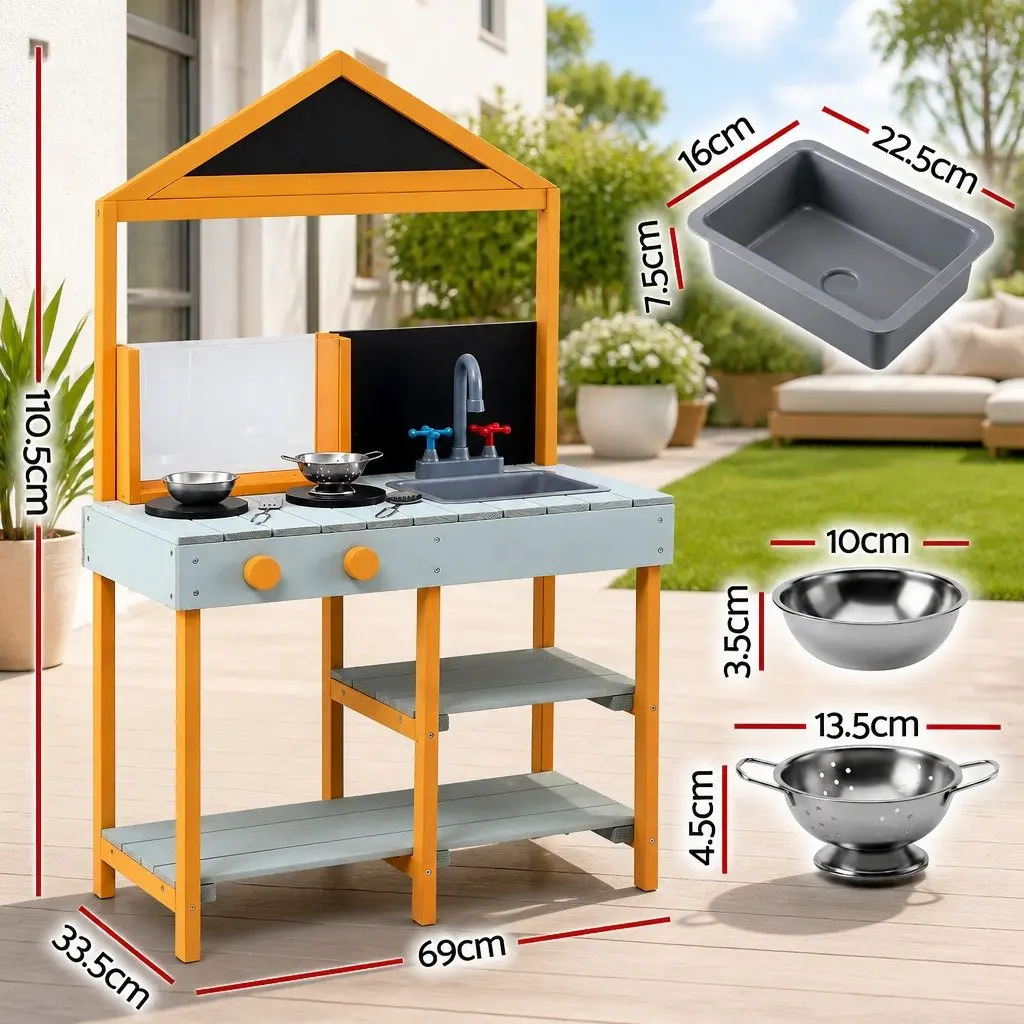 Kids Mud Kitchen Playset 110cm Outdoor Wooden Play Station with Pretend Faucet and Sink for Water and Mud Play