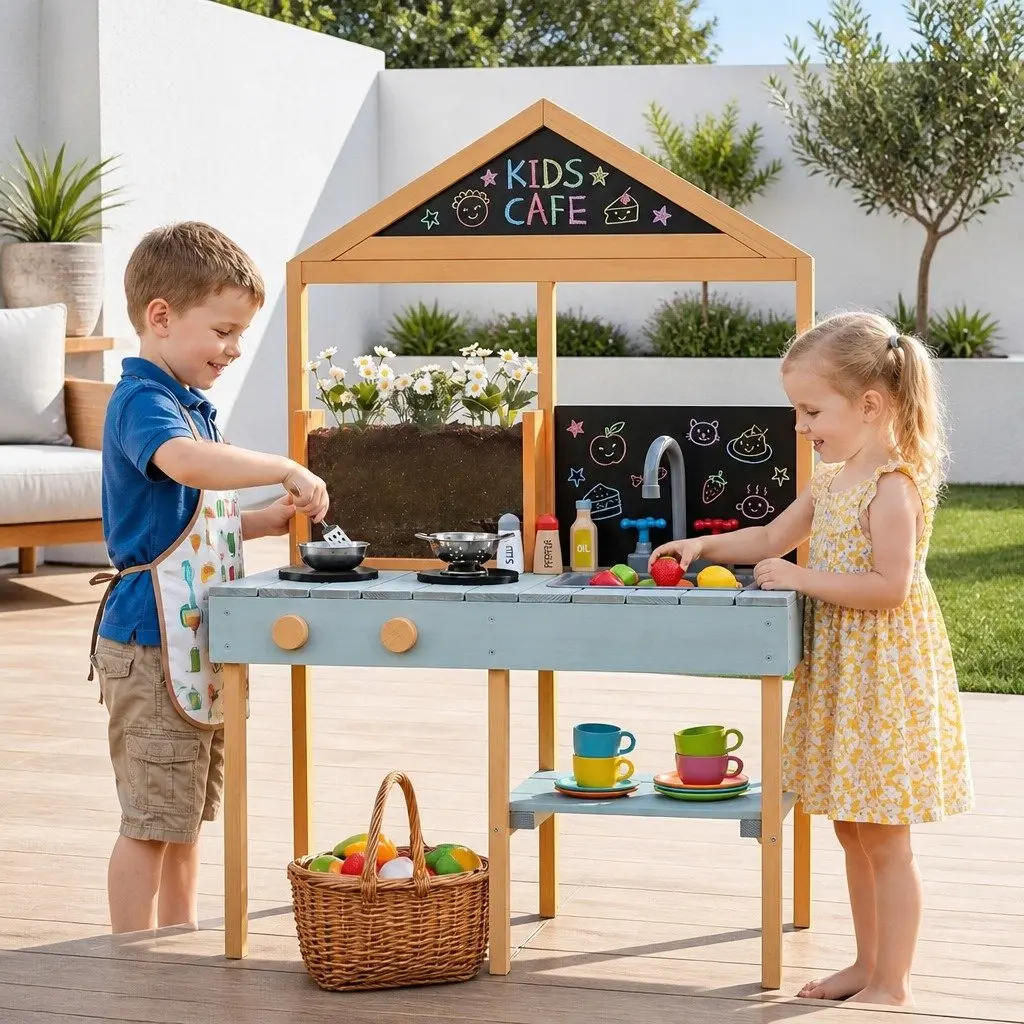 Kids Mud Kitchen Playset 110cm Outdoor Wooden Play Station with Pretend Faucet and Sink for Water and Mud Play