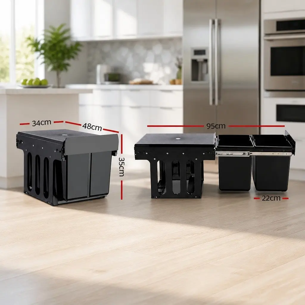 Pull Out Bin Kitchen 2 Compartment 15L Black Under Bench Waste Organizer