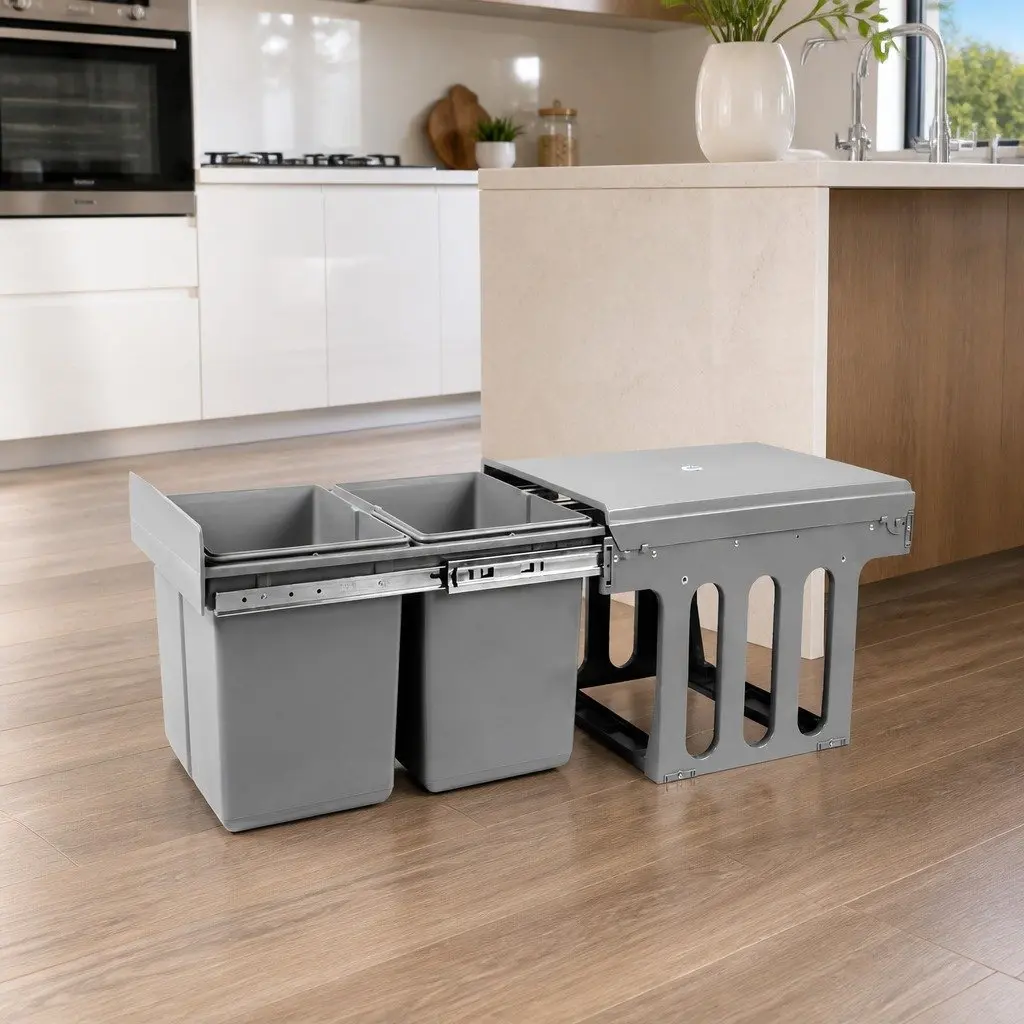 Pull Out Bin 2x15L Grey Kitchen Waste Cabinet Storage Sliding