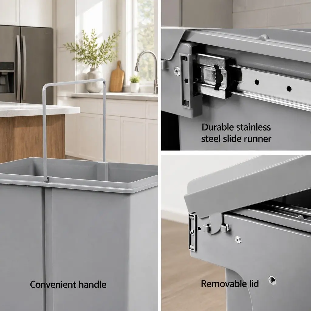 Pull Out Bin 2x15L Grey Kitchen Waste Cabinet Storage Sliding