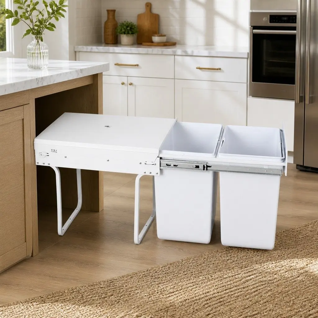 Pull Out Bin Kitchen 2x20L Dual Compartment Under Bench Waste Organizer White