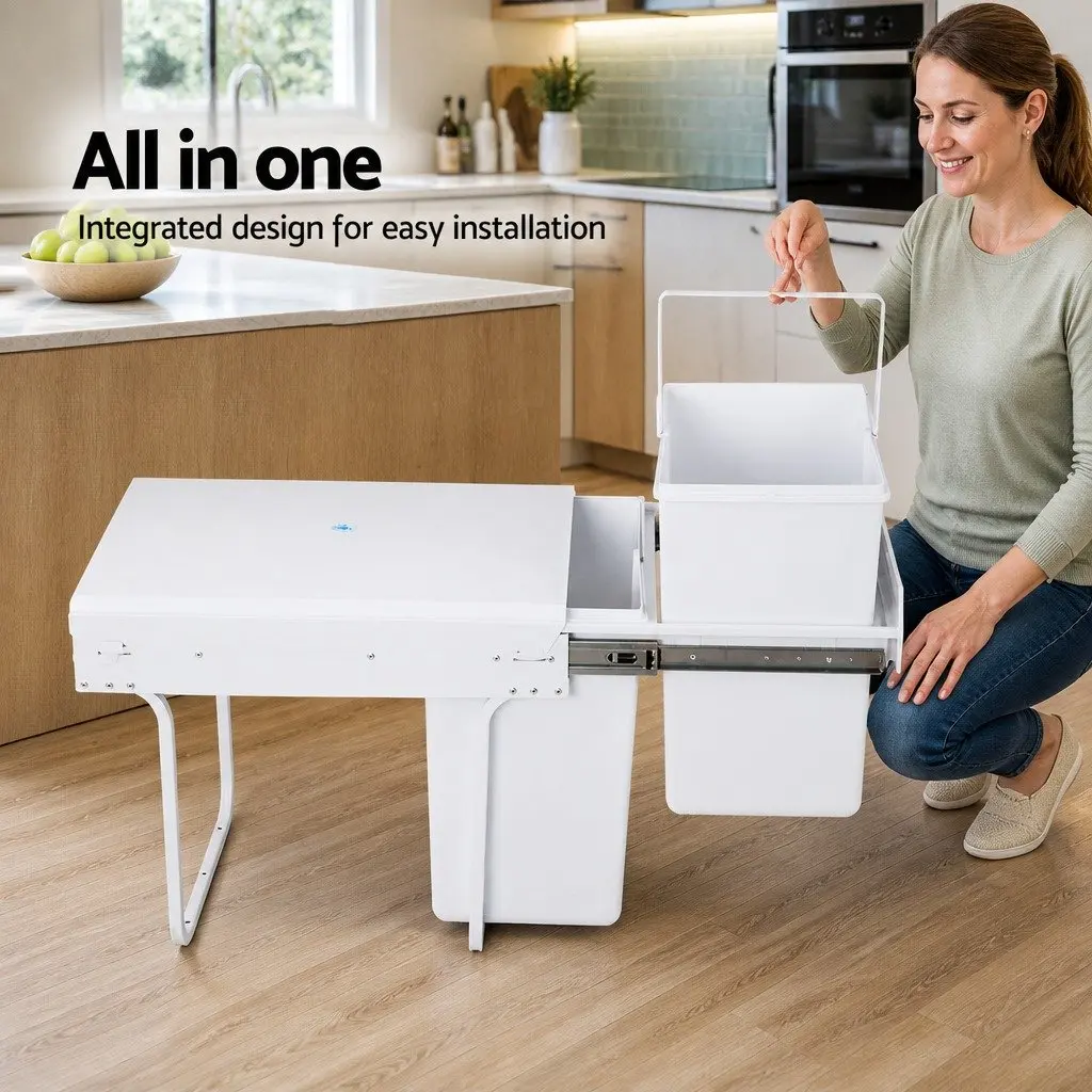 Pull Out Bin Kitchen 2x20L Dual Compartment Under Bench Waste Organizer White