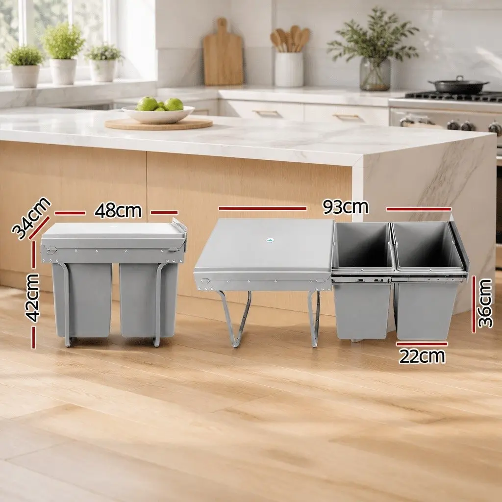 Pull Out Bin 2x20L Grey Dual Compartment Under Bench Waste Organiser