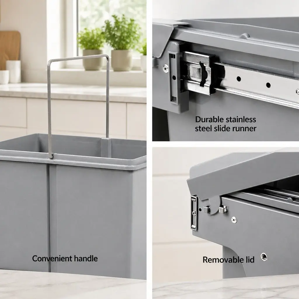 Pull Out Bin 2x20L Grey Dual Compartment Under Bench Waste Organiser