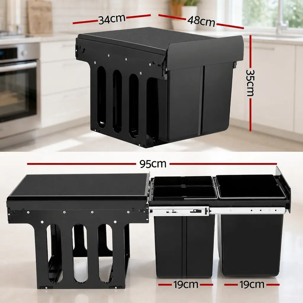 Pull Out Bin Kitchen 31L Triple Slide Garbage Waste Basket Black
