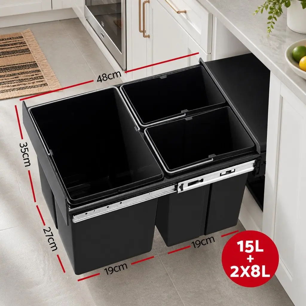 Pull Out Bin Kitchen 31L Triple Slide Garbage Waste Basket Black