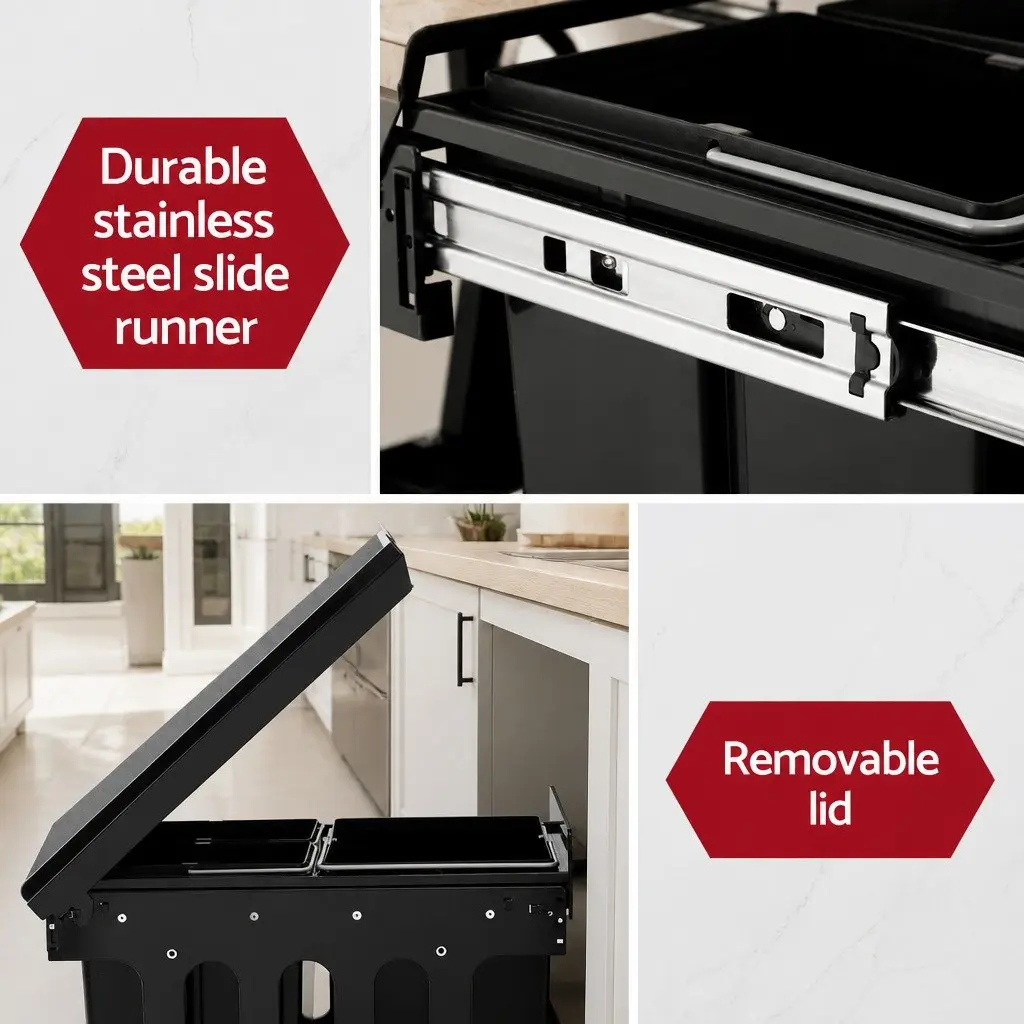 Pull Out Bin Kitchen 31L Triple Slide Garbage Waste Basket Black
