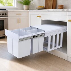 Pull Out Bin Kitchen Triple Slide Garbage Waste Bins Cabinet Basket White 31L