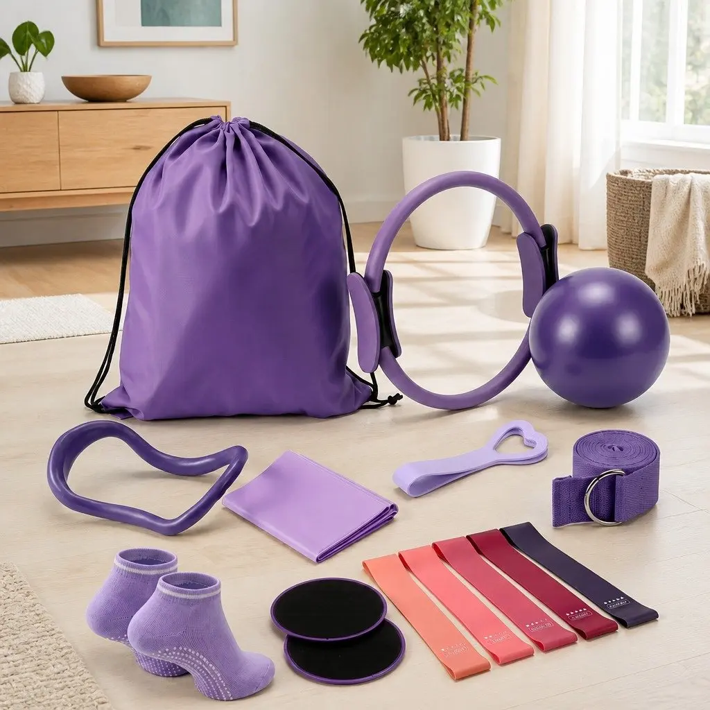 Pilates Ring Set 34cm Mini Yoga Ball Resistance Bands 15 Pieces Home Workout Equipment