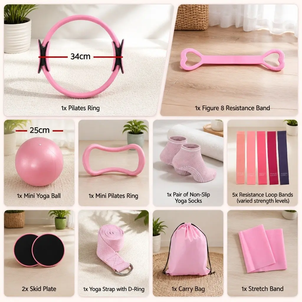 Pilates Ring Set 15 Piece Home Workout Kit with Resistance Bands Yoga Ball Core Strengthening