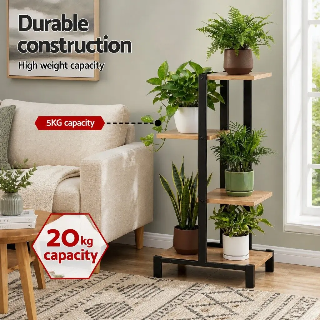 4-Tier Plant Stand Metal Frame Zigzag Shelving Indoor Outdoor Garden Display