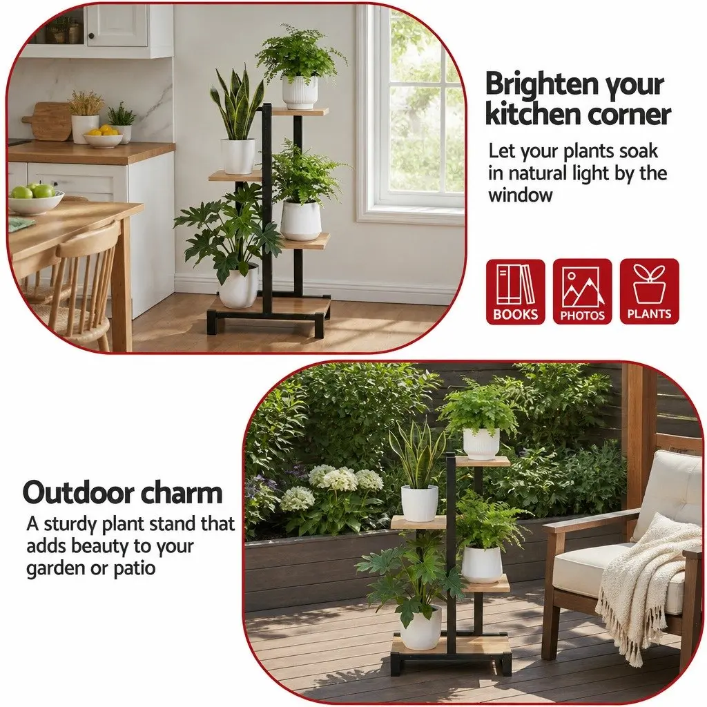 4-Tier Plant Stand Metal Frame Zigzag Shelving Indoor Outdoor Garden Display