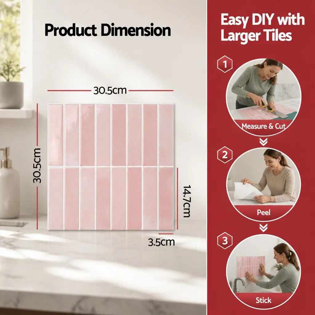 3D Peel and Stick Wall Tiles Pink LinearGrid Subway Backsplash Self Adhesive 10 Piece