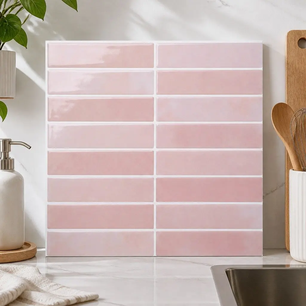 3D Peel and Stick Wall Tiles Pink LinearGrid Subway Backsplash Self Adhesive 10 Piece