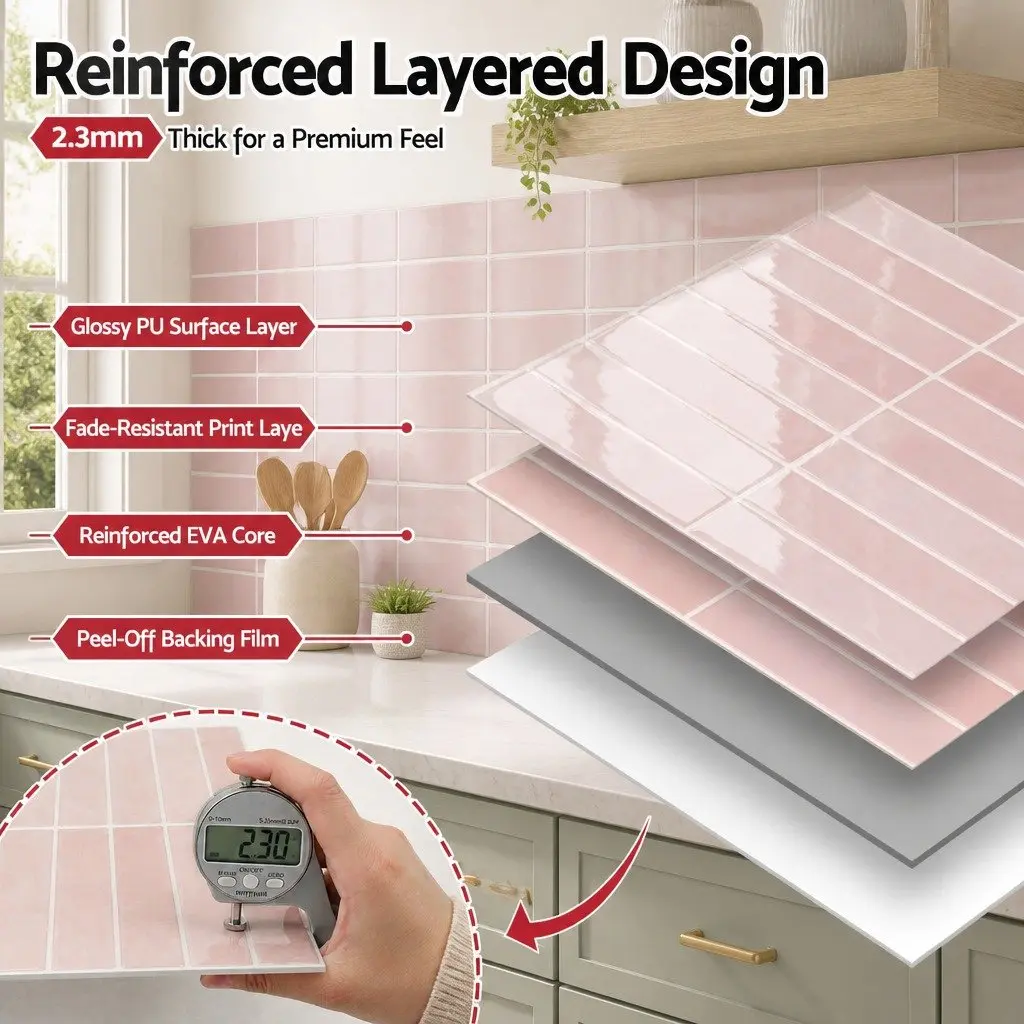 3D Peel and Stick Wall Tiles Pink LinearGrid Subway Backsplash Self Adhesive 10 Piece