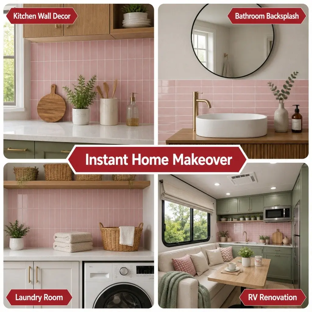 3D Peel and Stick Wall Tiles Pink LinearGrid Subway Backsplash Self Adhesive 10 Piece