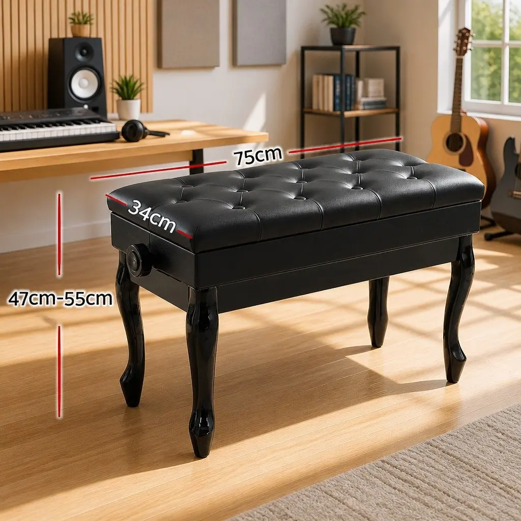 Adjustable Piano Bench with Storage Soft Padding Black