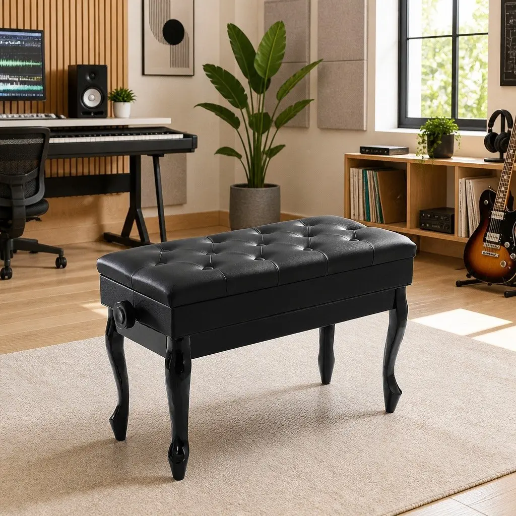 Adjustable Piano Bench with Storage Soft Padding Black