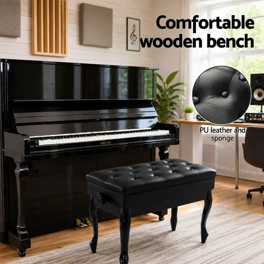 Adjustable Piano Bench with Storage Soft Padding Black