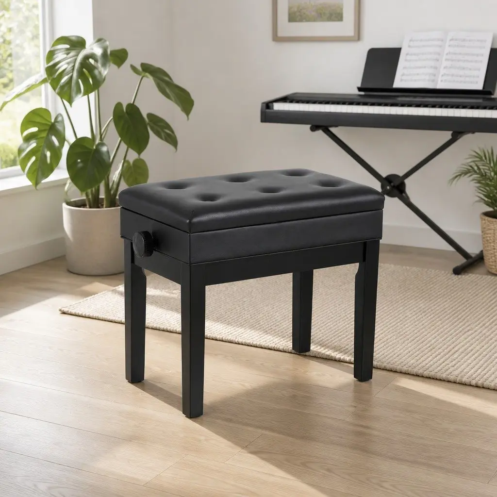Adjustable Piano Bench Wooden Keyboard Seat Padded with Storage