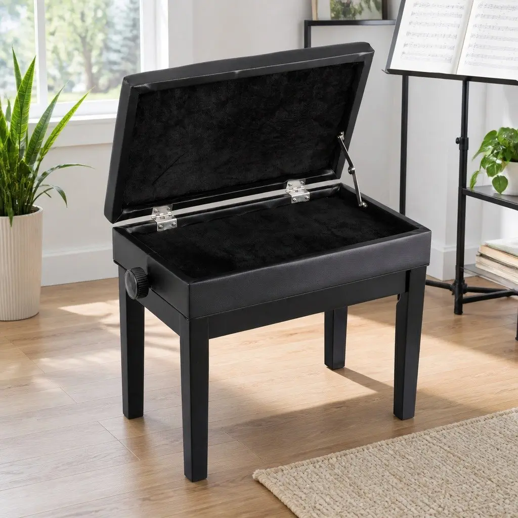 Adjustable Piano Bench Wooden Keyboard Seat Padded with Storage