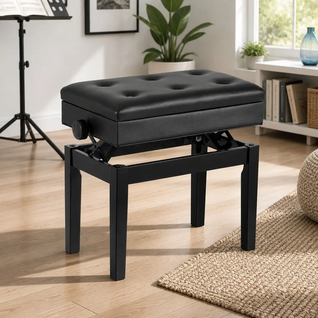 Adjustable Piano Bench Wooden Keyboard Seat Padded with Storage