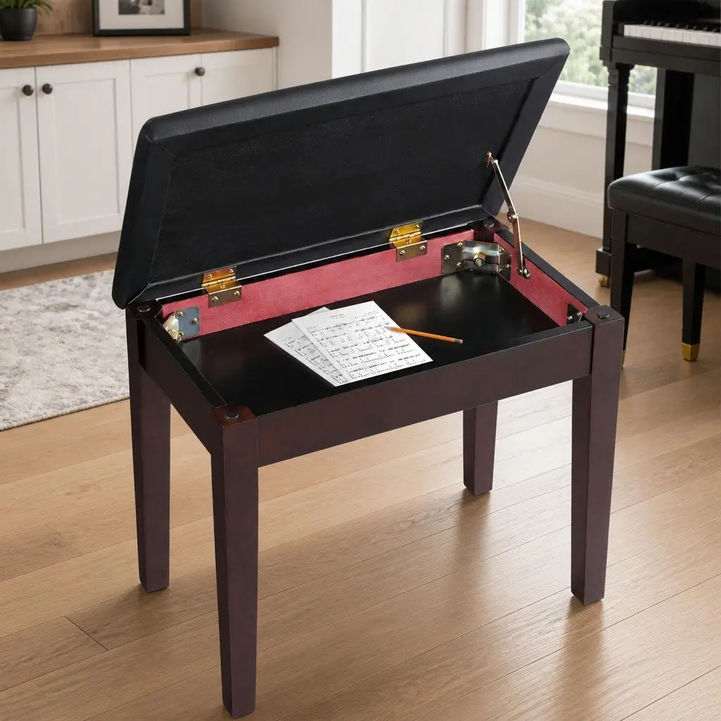 Piano Bench Stool with Storage Solid Wood Frame PU Leather Seat Cushion