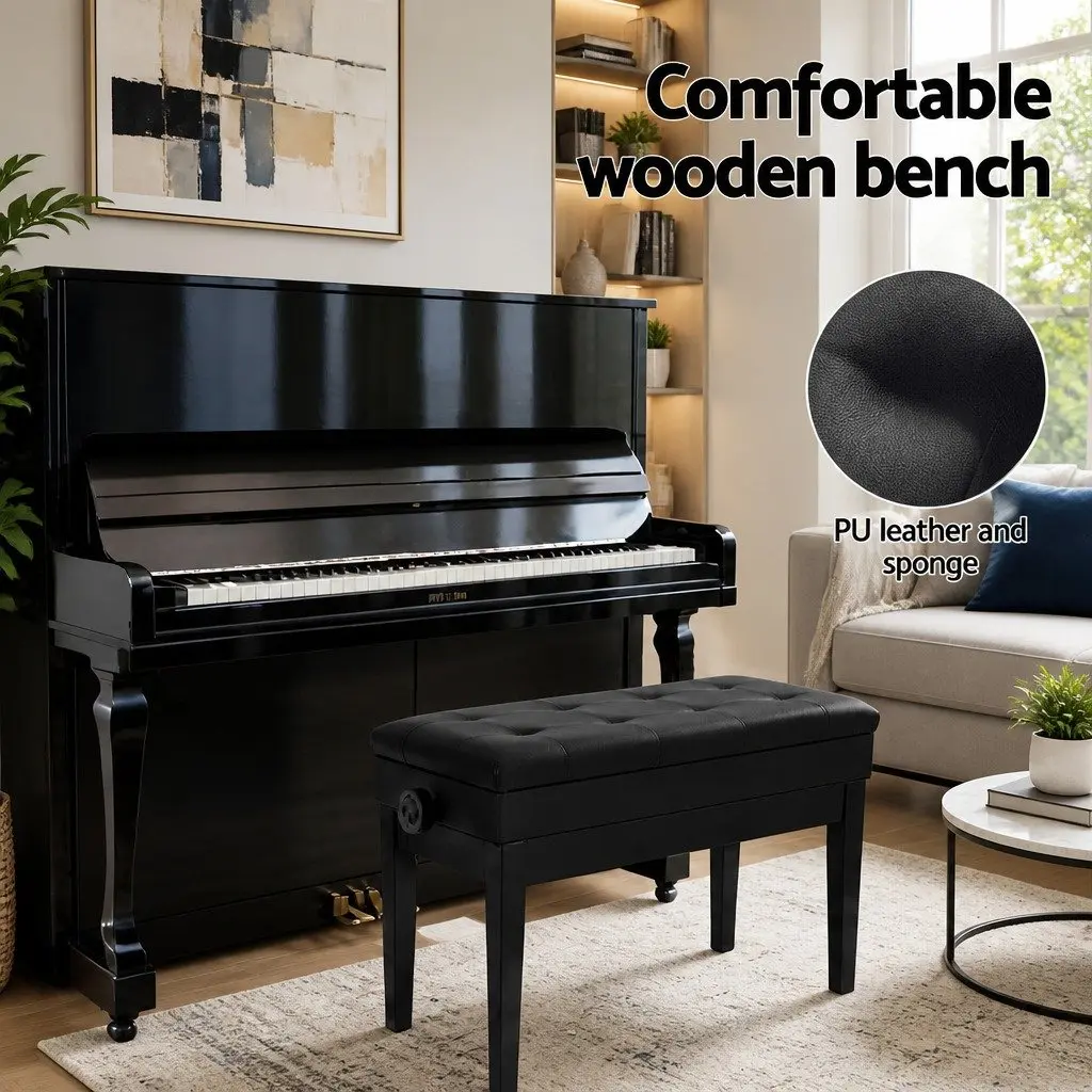 Piano Bench Adjustable Height with Storage Black