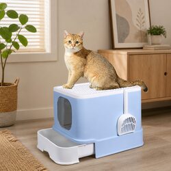 Enclosed Cat Litter Box Double Door Privacy Kitty Tray Large Spacious Blue