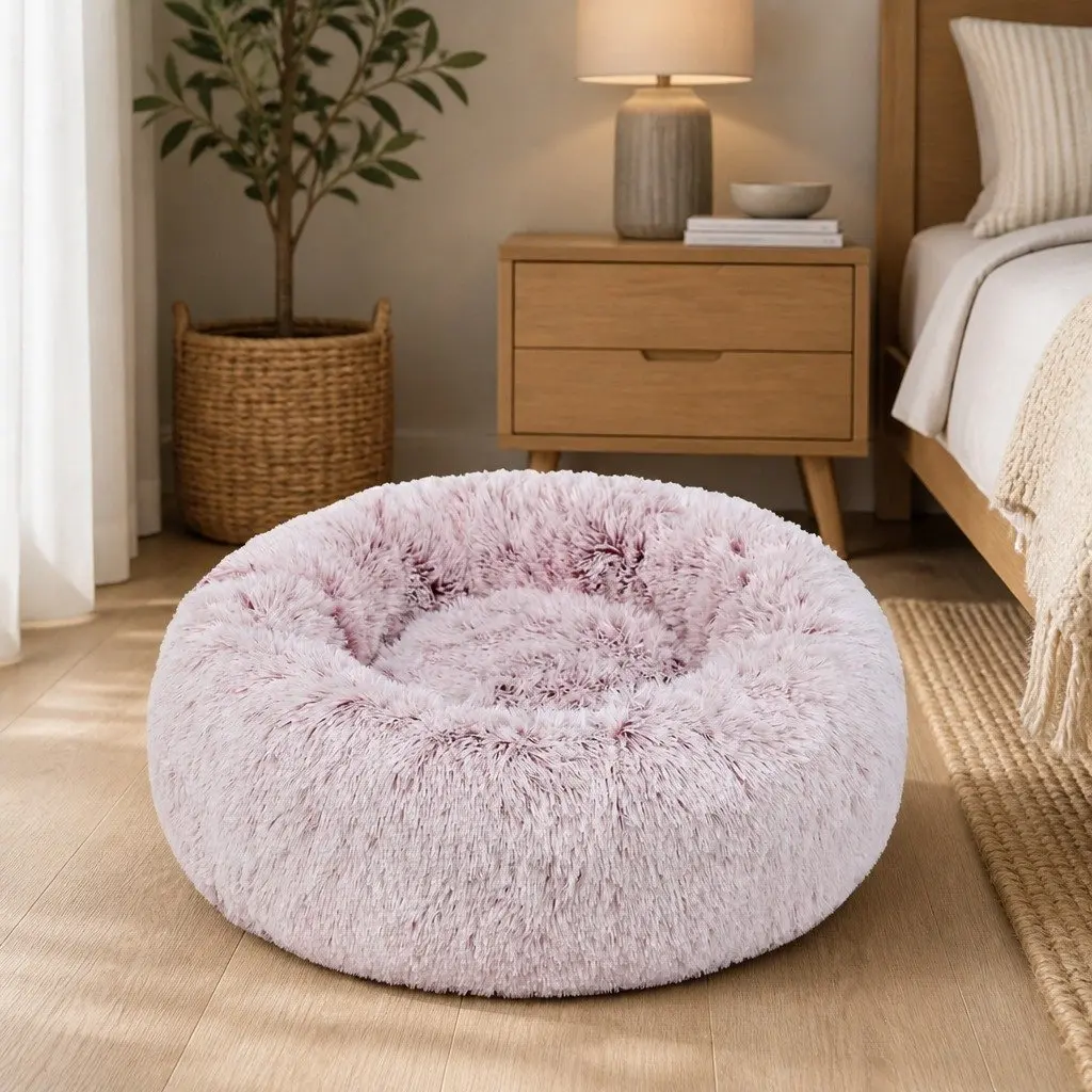 Pet Donut Bed Medium Pink Plush Comfort Calming Nest for Cat Dog