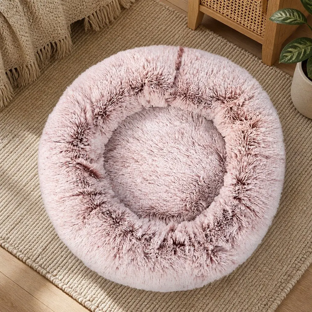 Pet Donut Bed Medium Pink Plush Comfort Calming Nest for Cat Dog