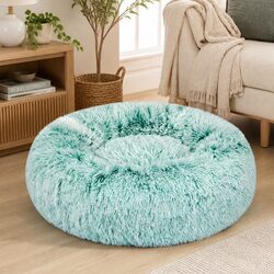 Pet Bed Cat Dog Donut Nest Calming Medium Teal Plush Comfort Raised Rim
