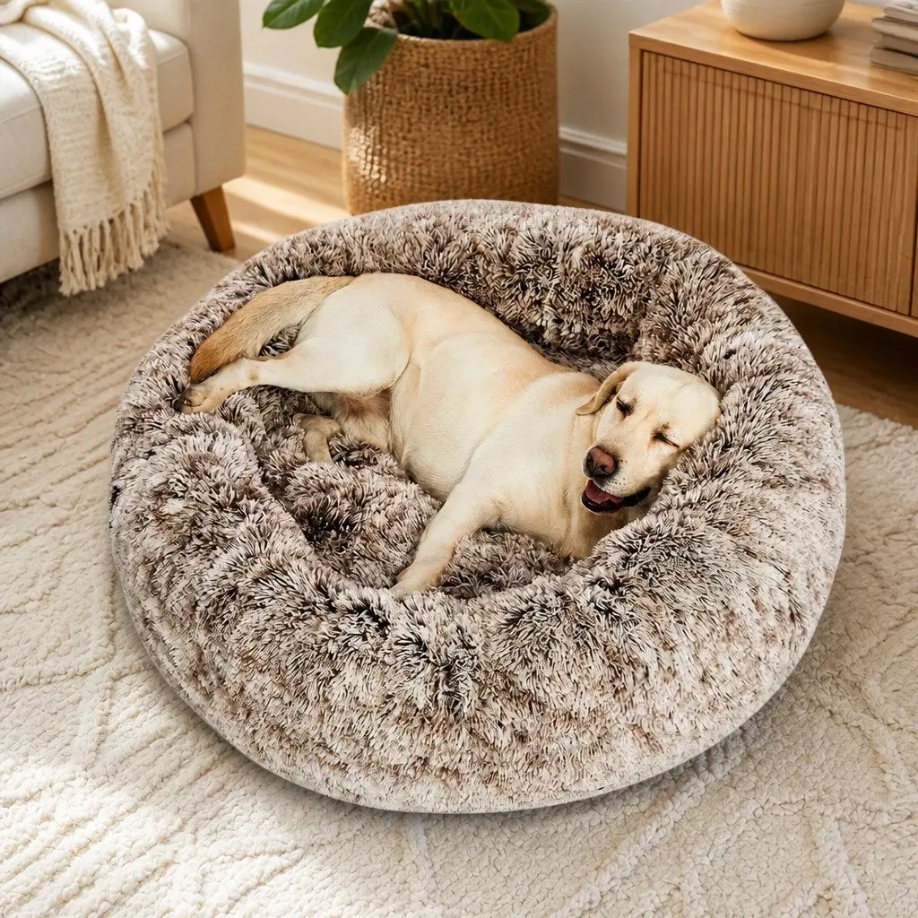 Donut Pet Bed XL Calming Nest Raised Rim Non-Slip Bottom Plush Brown