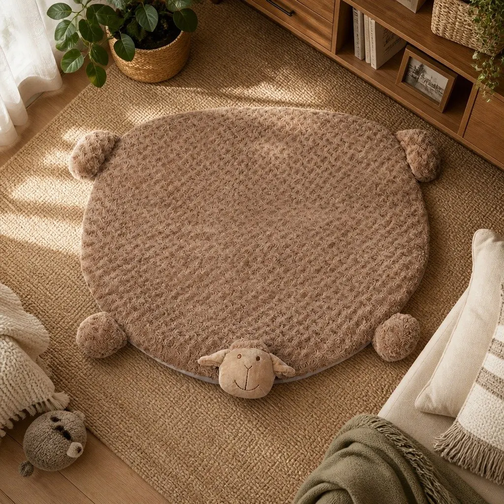 Pet Bed Medium Plush Waterproof Calming Cushion with Chewable Squeaky Toys Tan