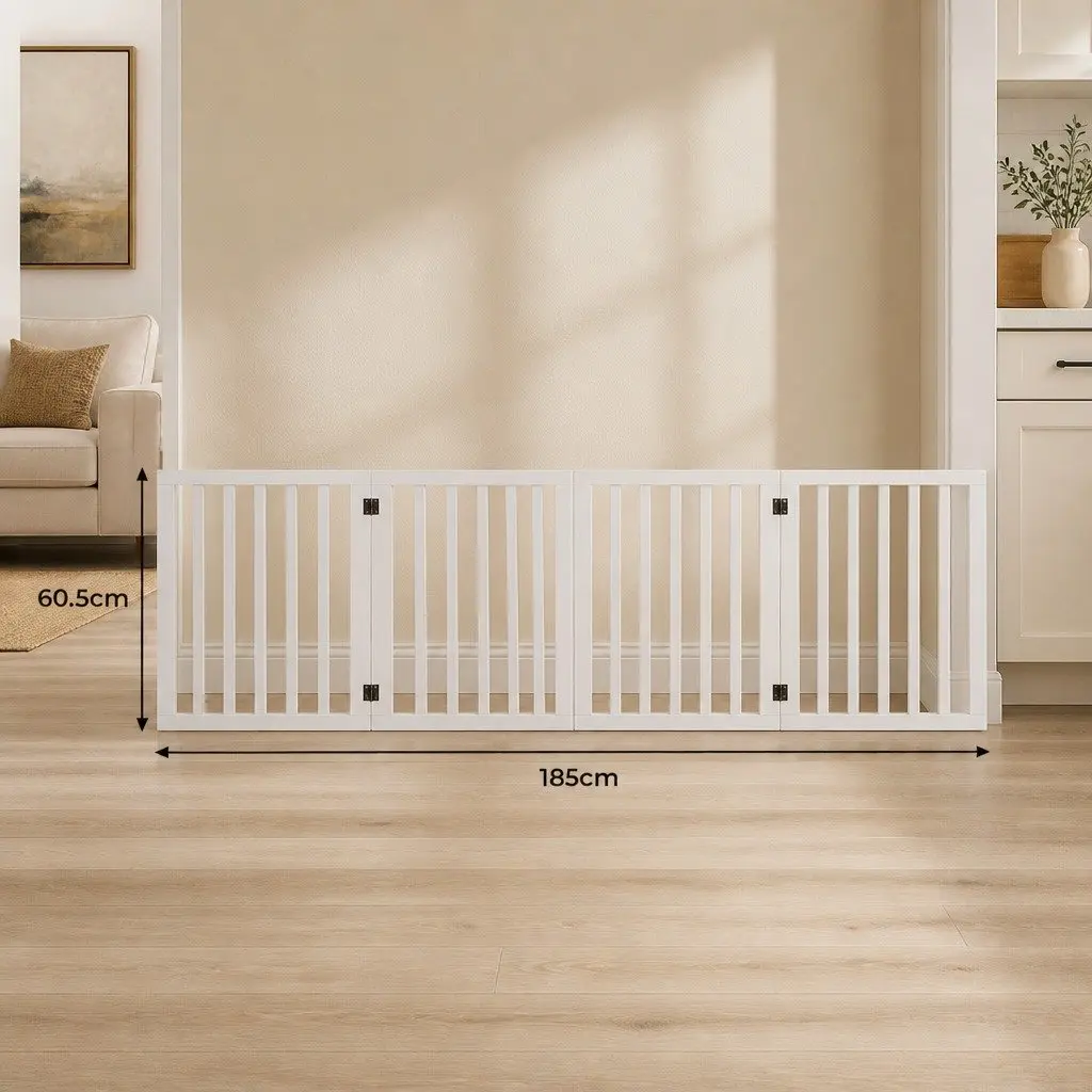 Wooden Pet Gate Foldable Playpen Barrier 185cm Indoor Outdoor White