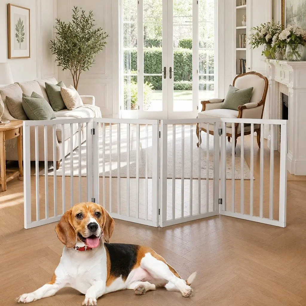 Wooden Pet Gate Foldable Playpen Barrier 185cm Indoor Outdoor White