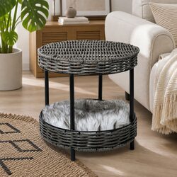 Elevated Rattan Pet Bed Raised Cat House with Soft Cushion Indoor Furniture