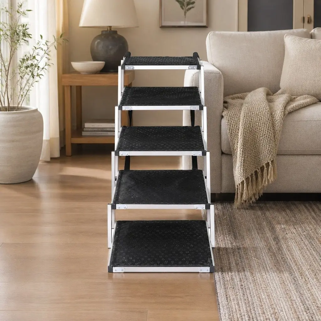 5 Steps Pet Ramp Adjustable Height Foldable Dog Stairs Portable Carry Handle