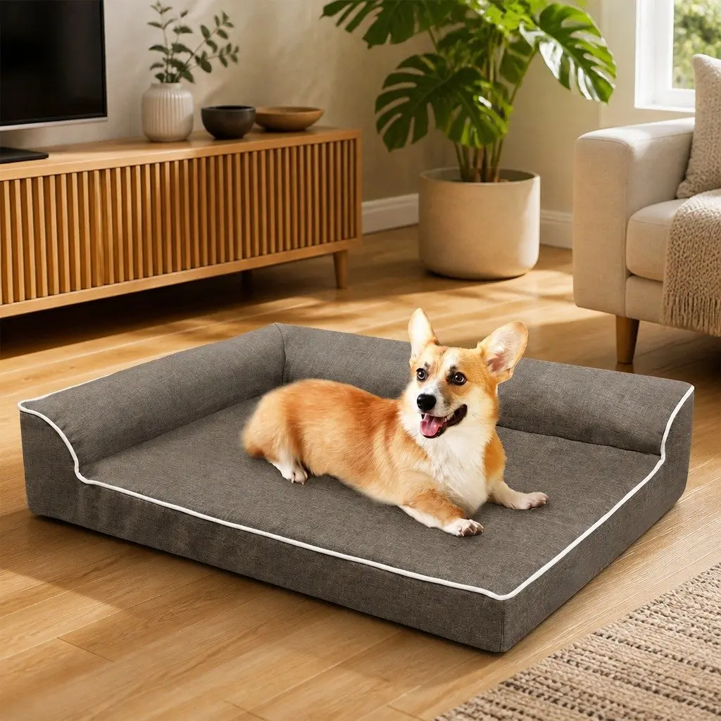 Large Orthopedic Bolster Dog Bed L-Shaped Memory Foam Coffee Supportive Lounger