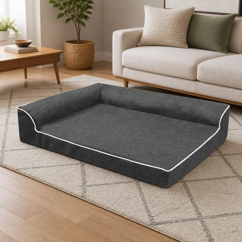 Orthopedic Dog Bed Medium Grey Memory Foam L-Shaped Bolster Removable Washable Cover