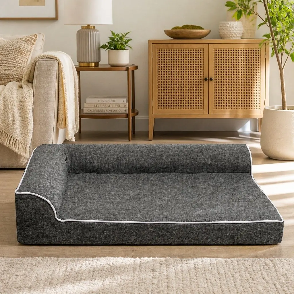 Orthopedic Dog Bed Medium Grey Memory Foam L-Shaped Bolster Removable Washable Cover