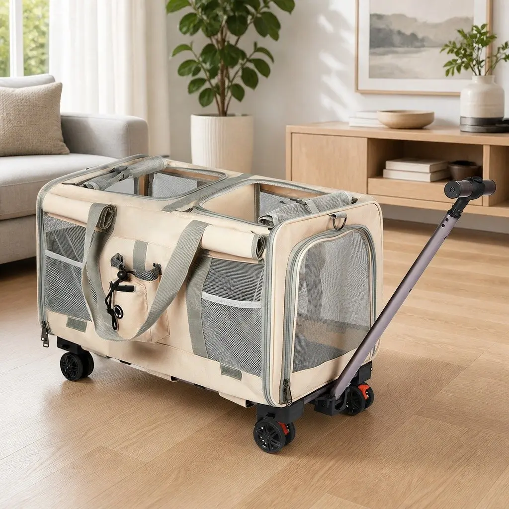 Pet Carrier 4 Wheel Rolling Foldable Portable Travel Crate Backpack Hand-Carry 3-4 Pets Capacity
