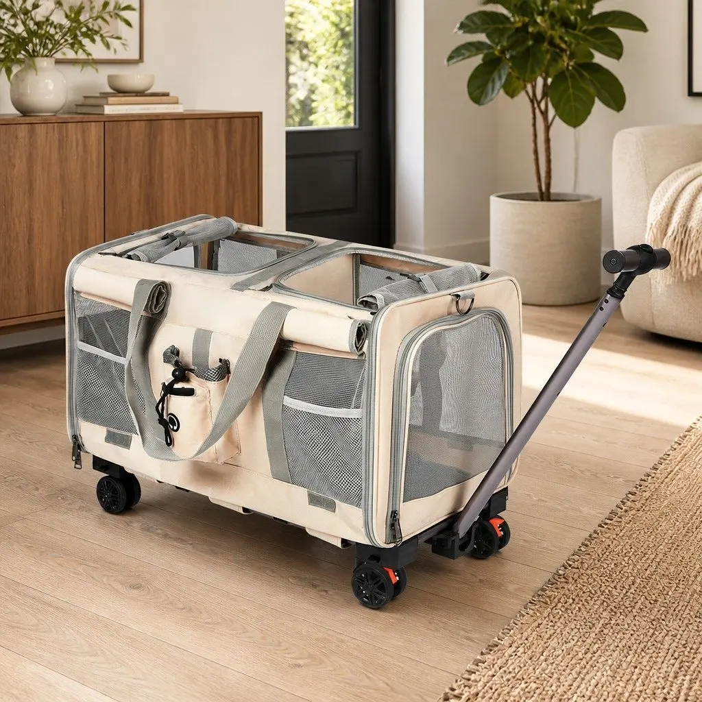 Pet Carrier 4 Wheel Rolling Foldable Portable Travel Crate Backpack Hand-Carry 3-4 Pets Capacity
