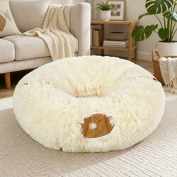 Cat Tunnel Bed Foldable Plush Play Tube Beige Collapsible Pet Kitten