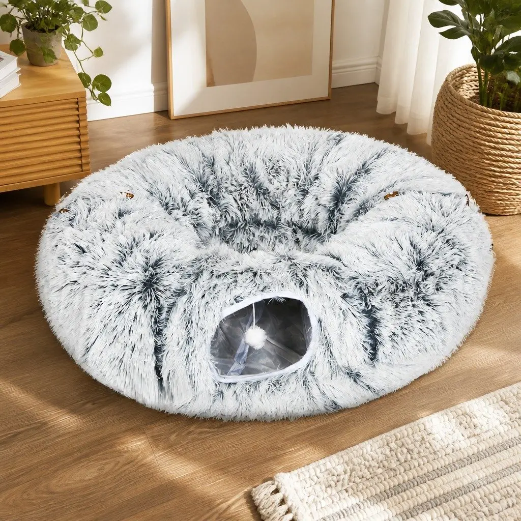 Cat Tunnel Bed 81cm Foldable Plush Multi-Purpose Play Tube Grey