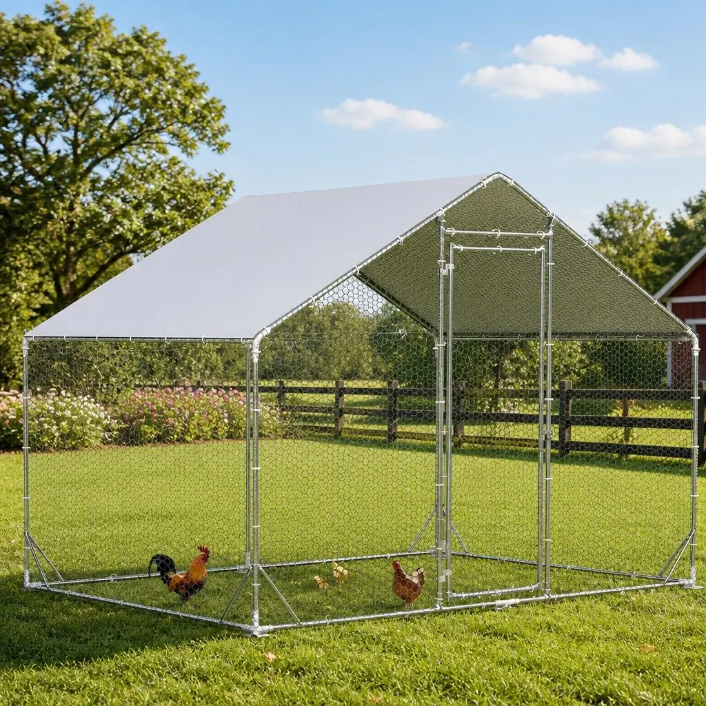 Large Metal Walk-in Chicken Coop 200x300x194cm Galvanized Steel Frame Hexagonal Wire Mesh
