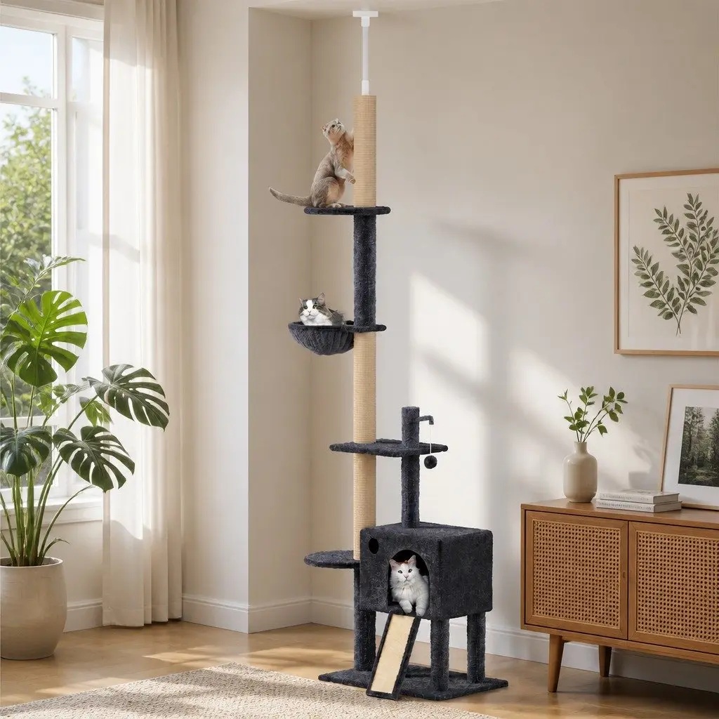 Cat Tree Multi-Level Floor to Ceiling Climber with Hammock and Scratching Posts